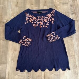 Susan‎ Graver Weekend Sweater Tunic XS Navy Coral Scalloped Edge Soft Floral